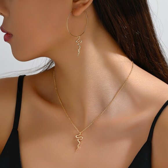 3/$35 Gold Plated Snake Jewelry Set Hoop Earrings Chain Pendant Necklace - Picture 1 of 8